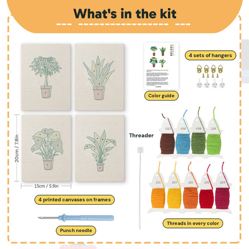 What is in the Brown Pot Jungle set: 4 printed canvases, punch needle, threader, threads, color guide and 4 sets of hangers (6 × 8 in (15 × 20 cm) each)