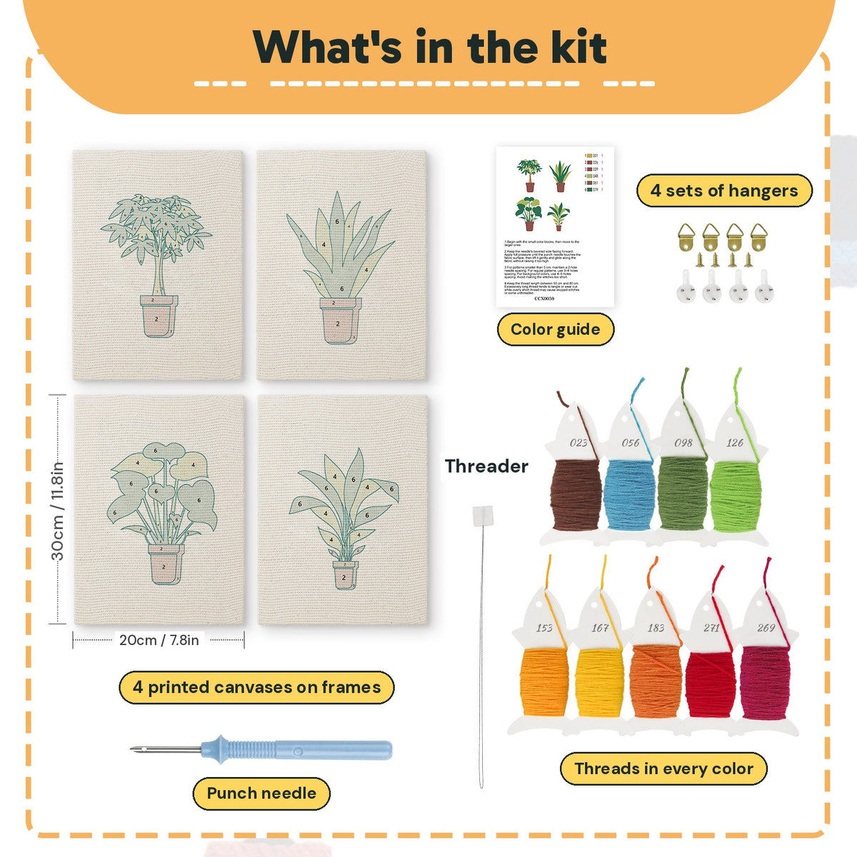 What is in the Brown Pot Jungle set, 8 × 12 in (20 × 30 cm) each: 4 printed canvases, punch needle, threader, threads, color guide and 4 sets of hangers
