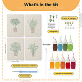 What is in the Brown Pot Jungle set, 8 × 12 in (20 × 30 cm) each: 4 printed canvases, punch needle, threader, threads, color guide and 4 sets of hangers