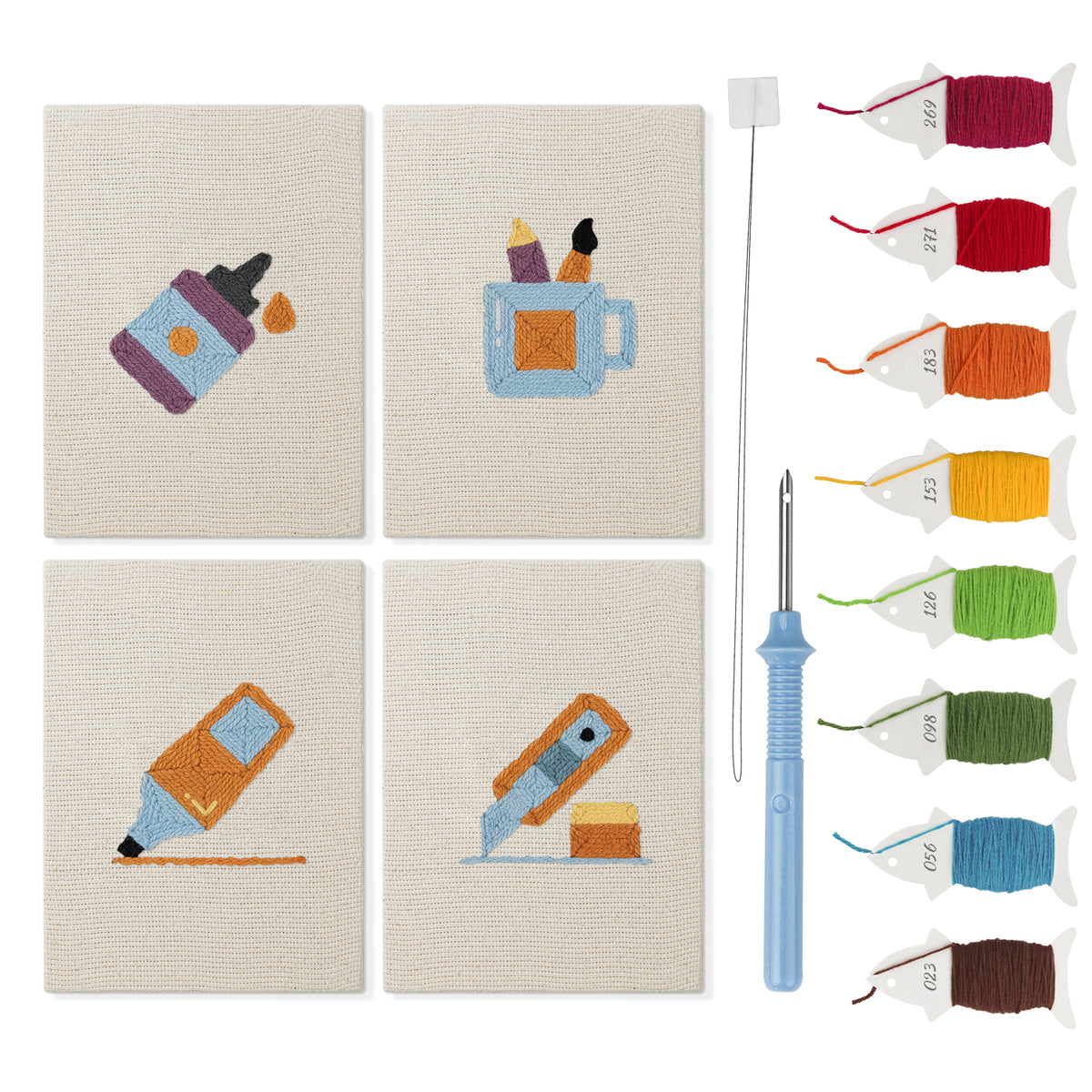 Brush Mug Crafts mini punch needle kit set: four finished canvases with threads, punch needle and threader