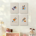 The four Brush Mug Crafts mini canvases on a wall above a shelf