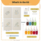 What is in the Brush Mug Crafts set: 4 printed canvases, punch needle, threader, threads, color guide and 4 sets of hangers (6 × 8 in (15 × 20 cm) each)