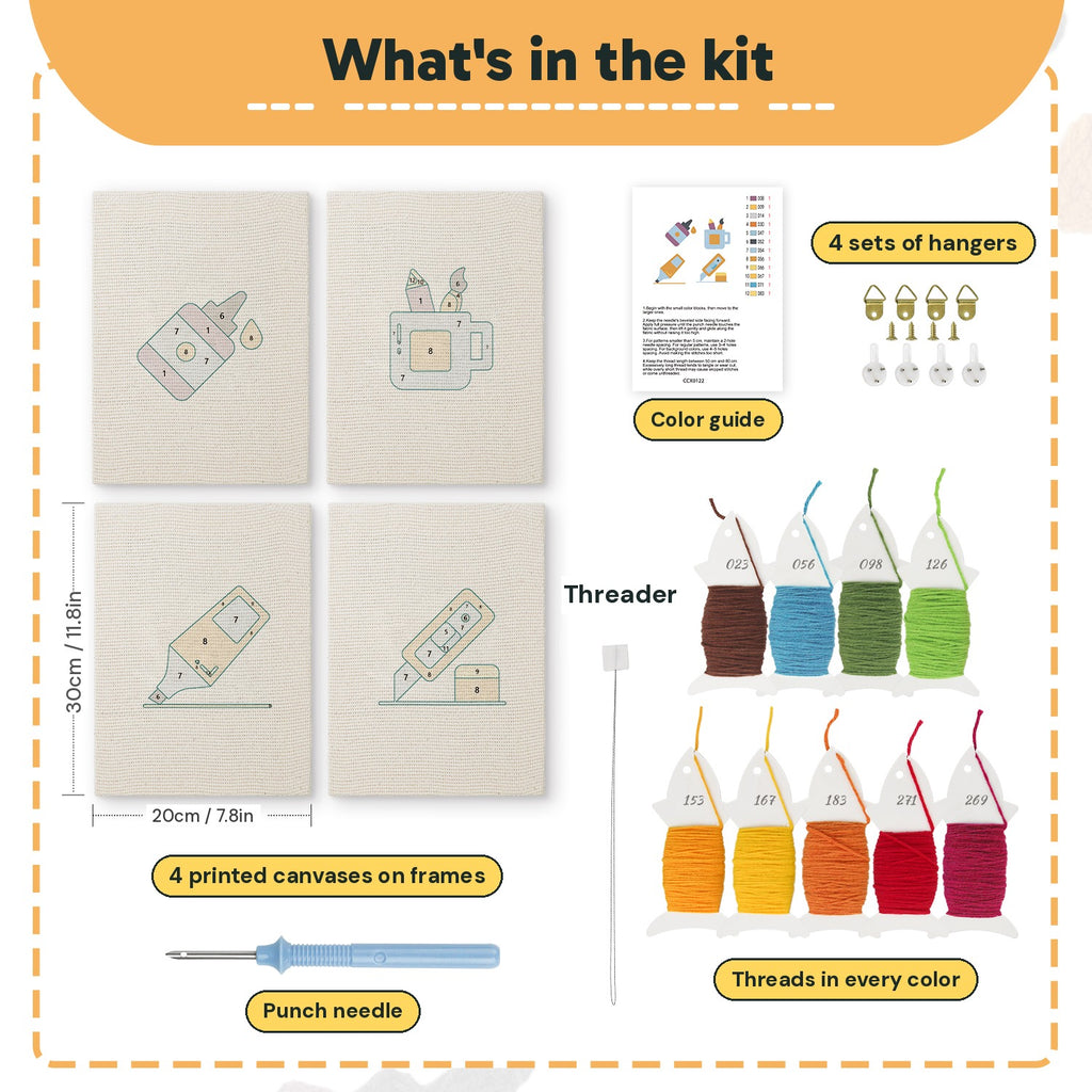 What is in the Brush Mug Crafts set, 8 × 12 in (20 × 30 cm) each: 4 printed canvases, punch needle, threader, threads, color guide and 4 sets of hangers