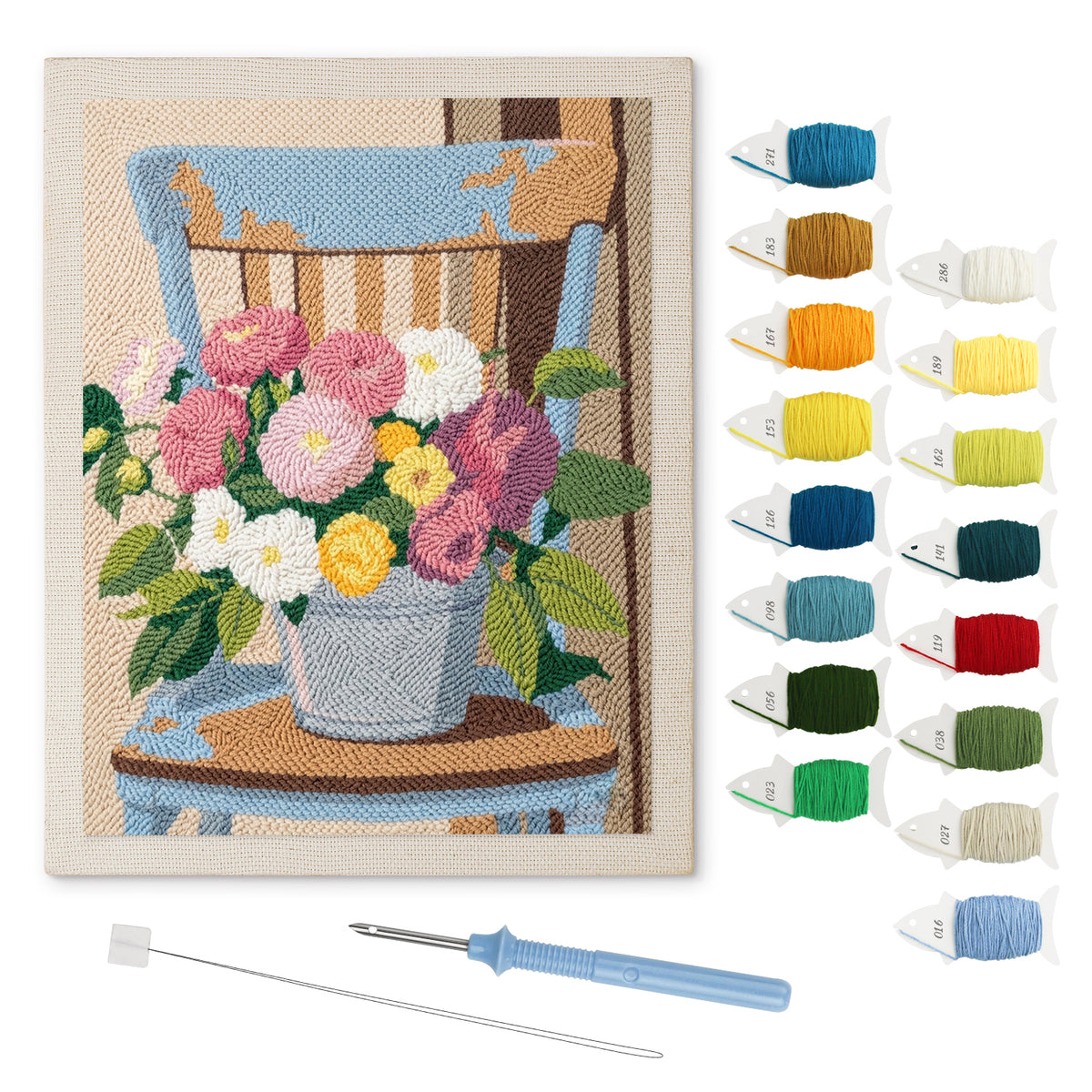 Bucket Bouquet punch needle kit: finished canvas with threads, punch needle and threader