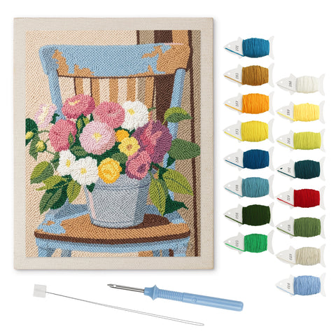 Bucket Bouquet punch needle kit: finished canvas with threads, punch needle and threader