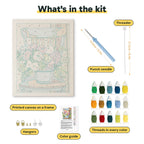 What is in the Bucket Bouquet kit: printed canvas, punch needle, threader, threads, color guide and hangers