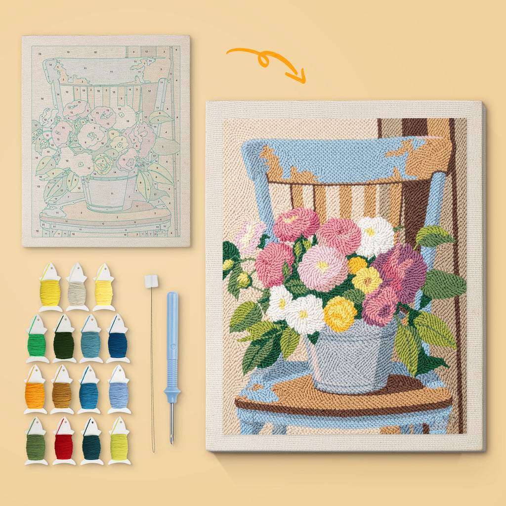 Bucket Bouquet canvas before and after punching, with the threads and tools