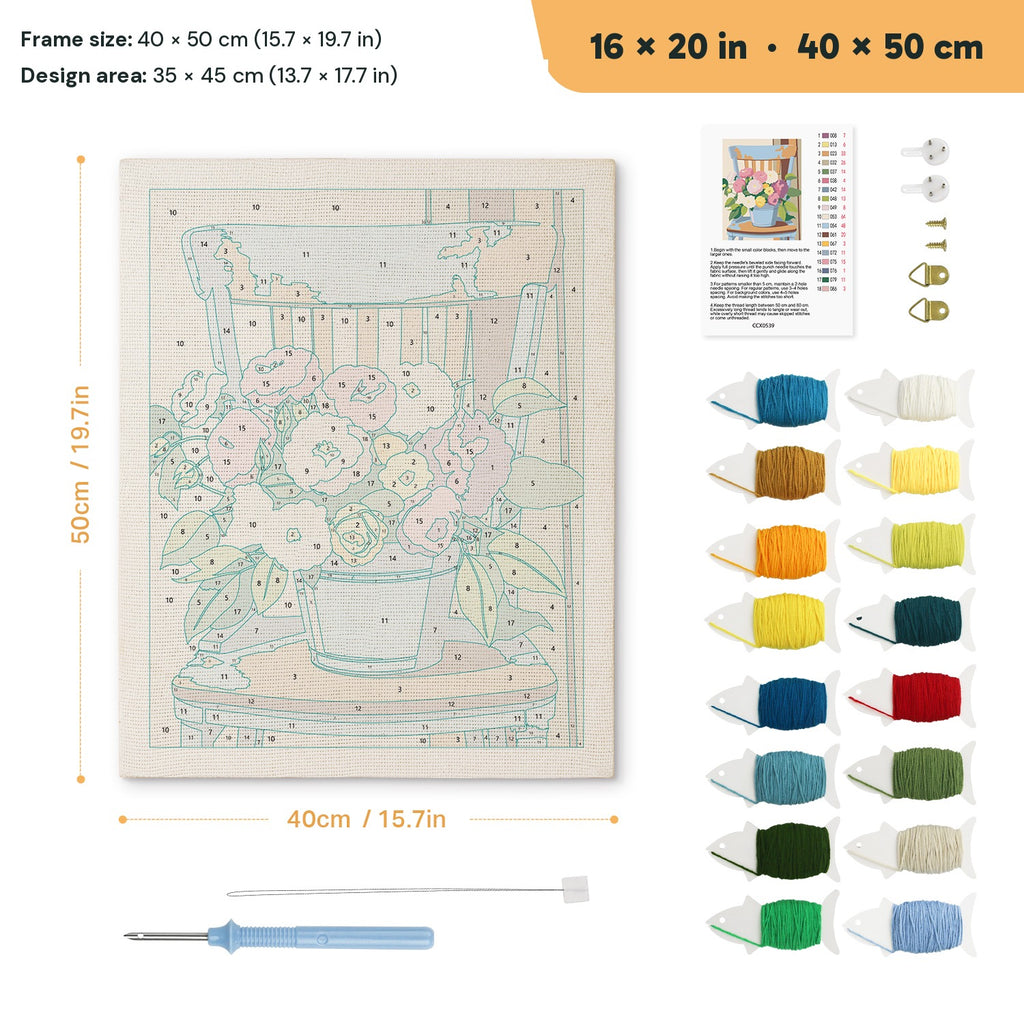 Bucket Bouquet punch needle kit, 16 × 20 in (40 × 50 cm): canvas size and kit contents