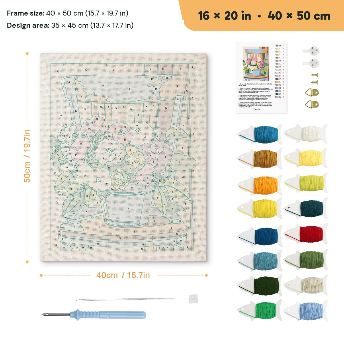 Bucket Bouquet punch needle kit, 16 × 20 in (40 × 50 cm): canvas size and kit contents
