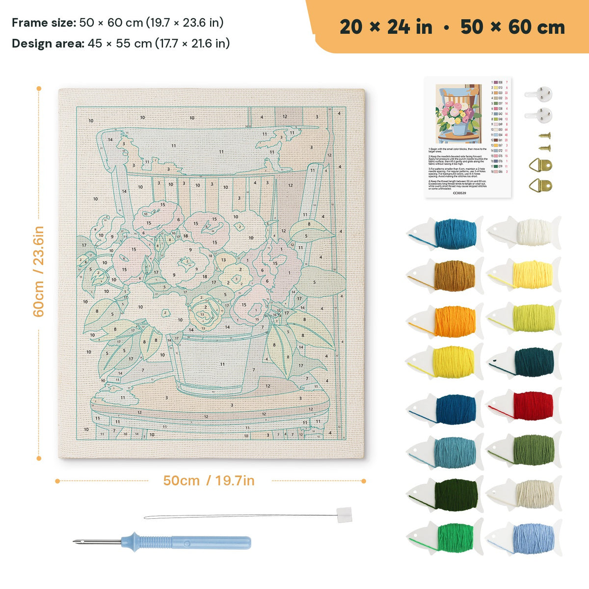 Bucket Bouquet punch needle kit, 20 × 24 in (50 × 60 cm): canvas size and kit contents