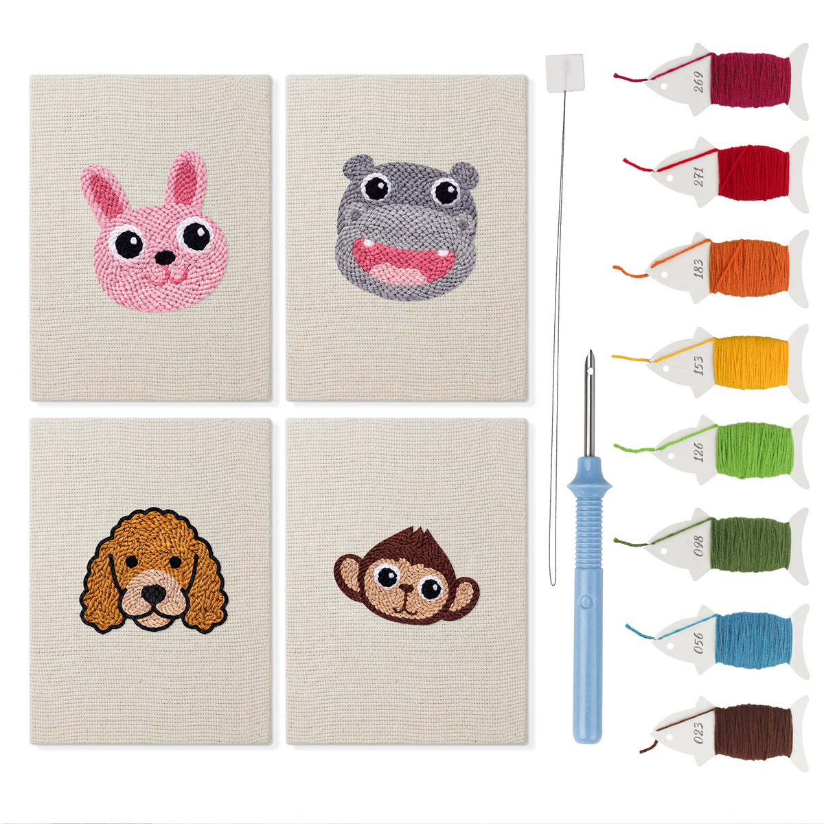 Bunny and Hippo mini punch needle kit set: four finished canvases with threads, punch needle and threader