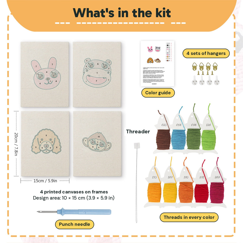 What is in the Bunny and Hippo set: 4 printed canvases, punch needle, threader, threads, color guide and 4 sets of hangers (6 × 8 in (15 × 20 cm) each)