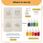 What is in the Bunny and Hippo set: 4 printed canvases, punch needle, threader, threads, color guide and 4 sets of hangers (6 × 8 in (15 × 20 cm) each)