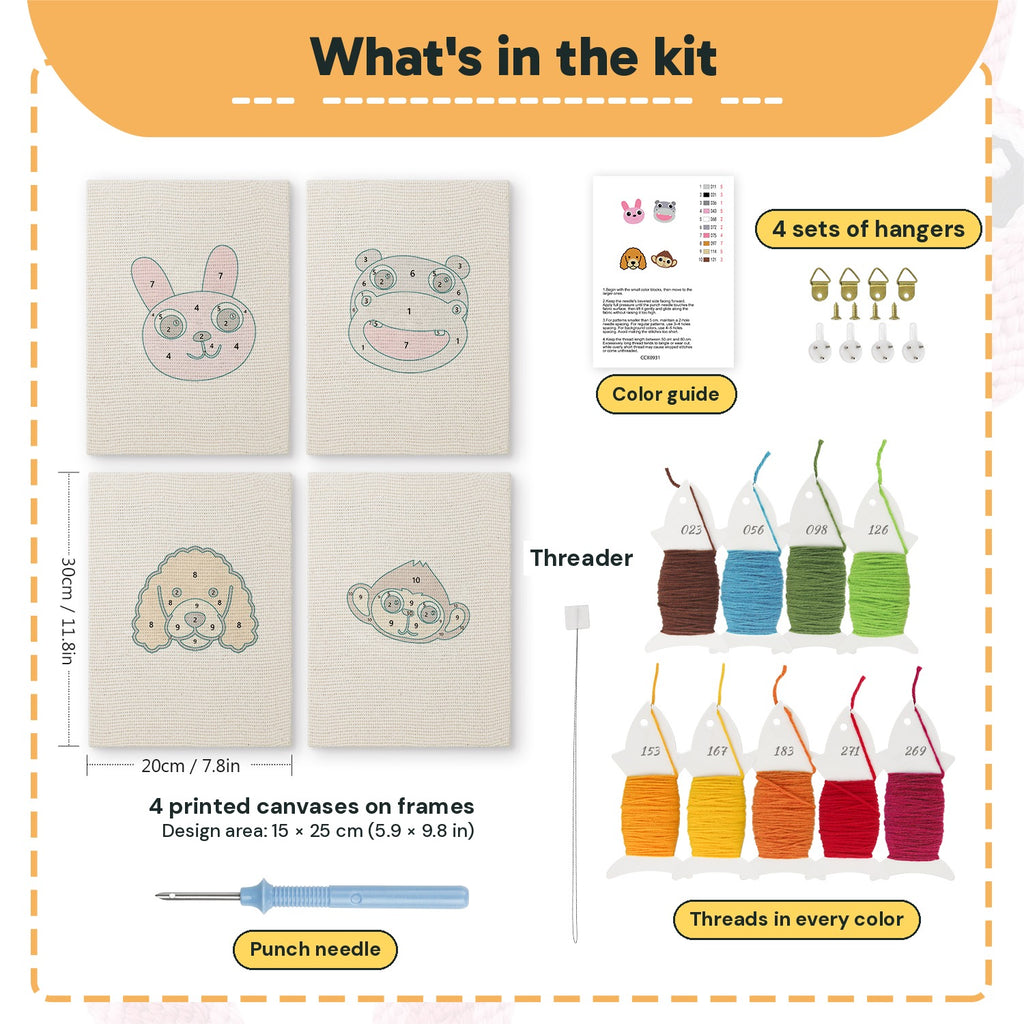 What is in the Bunny and Hippo set, 8 × 12 in (20 × 30 cm) each: 4 printed canvases, punch needle, threader, threads, color guide and 4 sets of hangers