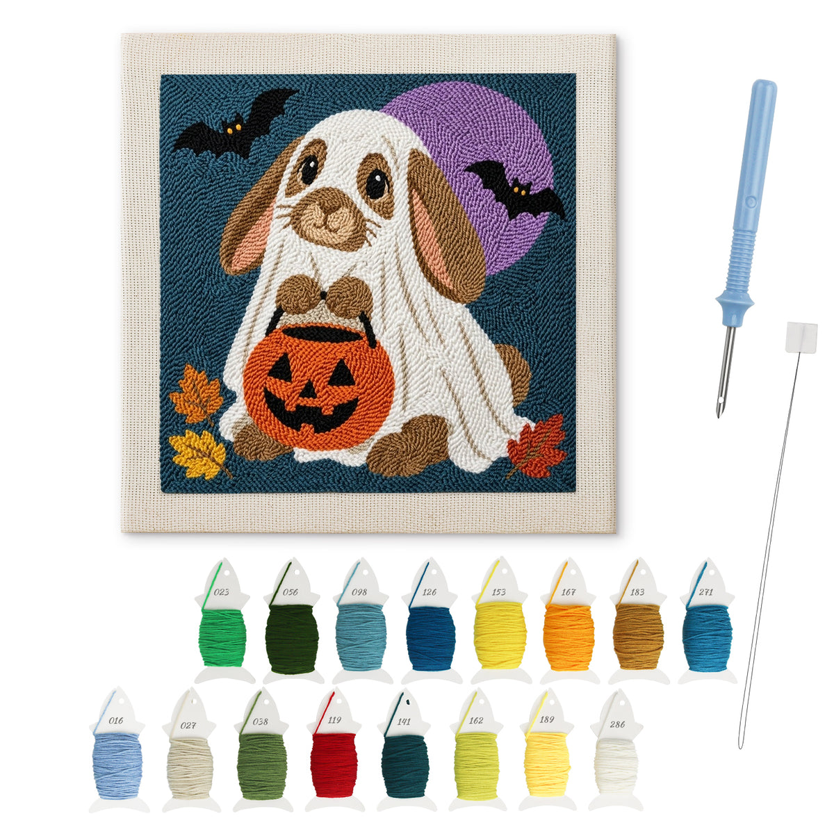 Bunny Ghost punch needle kit: finished canvas with threads, punch needle and threader