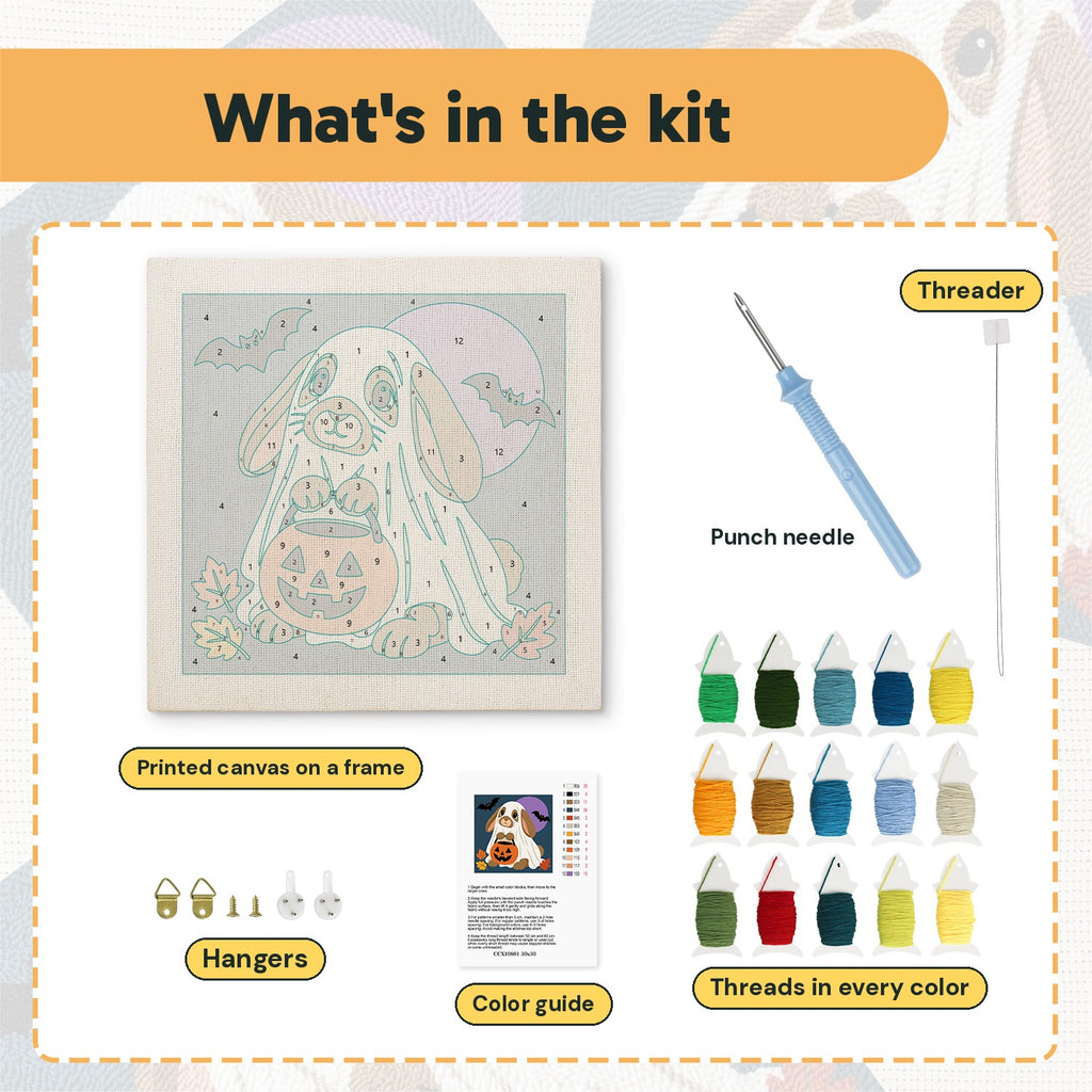 What is in the Bunny Ghost kit: printed canvas, punch needle, threader, threads, color guide and hangers