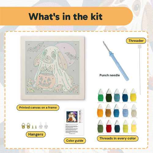 What is in the Bunny Ghost kit: printed canvas, punch needle, threader, threads, color guide and hangers