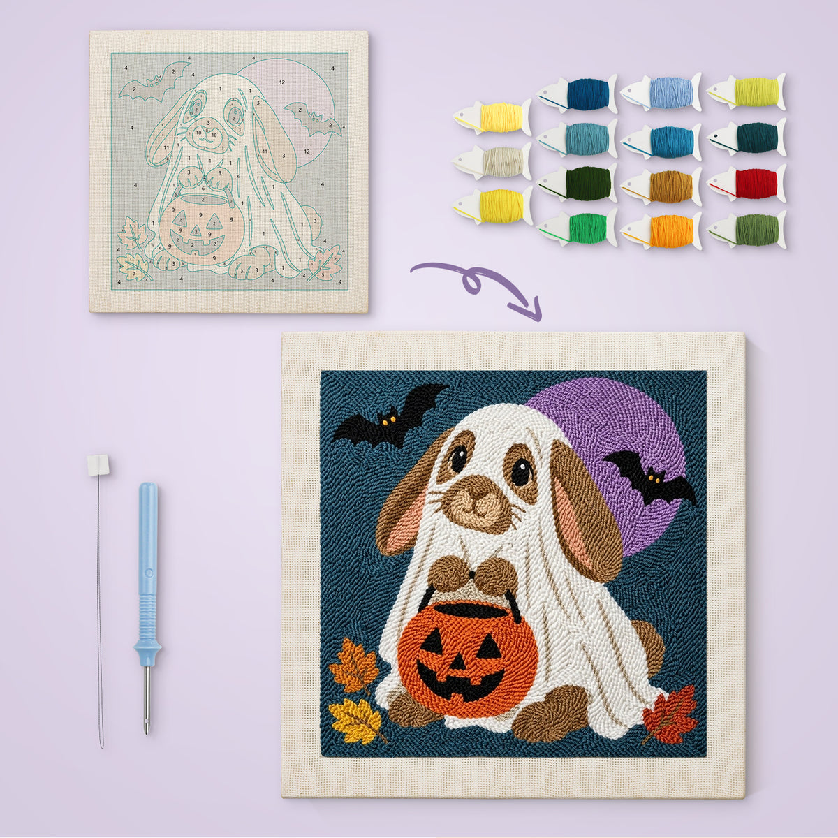 Bunny Ghost canvas before and after punching, with the threads and tools