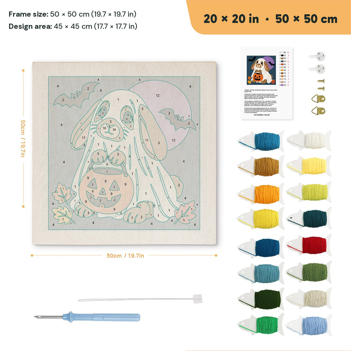 Bunny Ghost punch needle kit, 20 × 20 in (50 × 50 cm): canvas size and kit contents