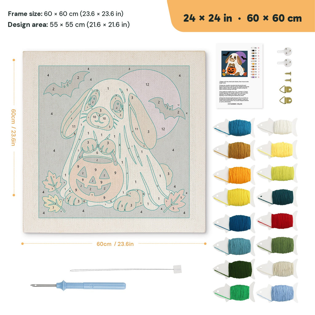 Bunny Ghost punch needle kit, 24 × 24 in (60 × 60 cm): canvas size and kit contents
