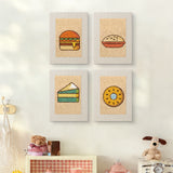 The four Burger and Donut mini canvases on a wall above a shelf