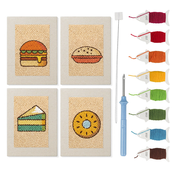 Burger and Donut mini punch needle kit set: four finished canvases with threads, punch needle and threader