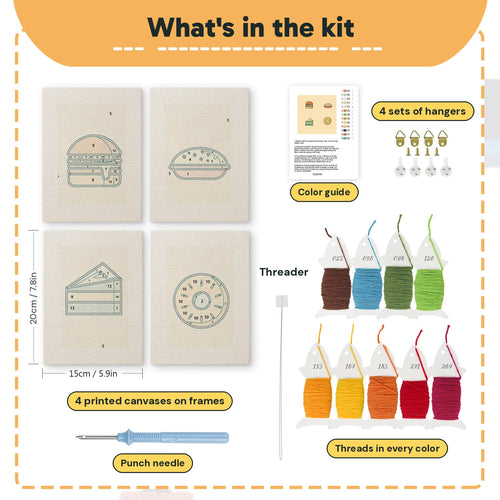 What is in the Burger and Donut set: 4 printed canvases, punch needle, threader, threads, color guide and 4 sets of hangers (6 × 8 in (15 × 20 cm) each)