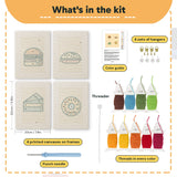 What is in the Burger and Donut set, 8 × 12 in (20 × 30 cm) each: 4 printed canvases, punch needle, threader, threads, color guide and 4 sets of hangers