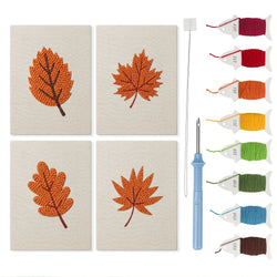 Burnt Orange Leaves mini punch needle kit set: four finished canvases with threads, punch needle and threader