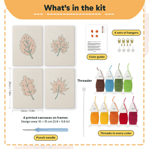 What is in the Burnt Orange Leaves set: 4 printed canvases, punch needle, threader, threads, color guide and 4 sets of hangers (6 × 8 in (15 × 20 cm) each)