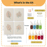 What is in the Burnt Orange Leaves set, 8 × 12 in (20 × 30 cm) each: 4 printed canvases, punch needle, threader, threads, color guide and 4 sets of hangers