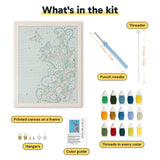 What is in the Butterfly Swirl kit: printed canvas, punch needle, threader, threads, color guide and hangers