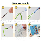 Six steps showing how to thread and use the punch needle