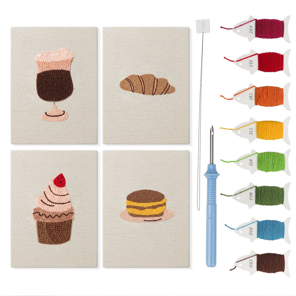 Cafe Sweet Treats mini punch needle kit set: four finished canvases with threads, punch needle and threader