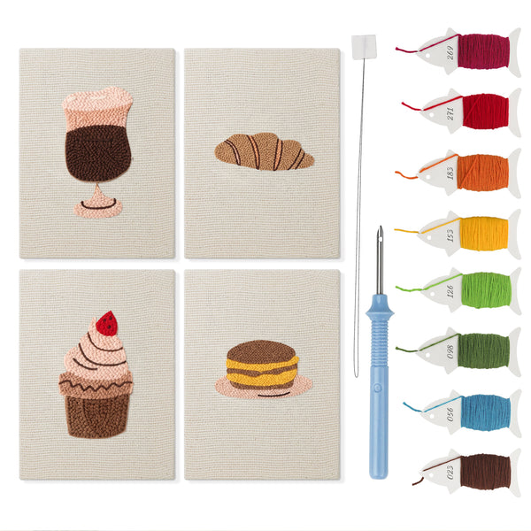 Cafe Sweet Treats mini punch needle kit set: four finished canvases with threads, punch needle and threader