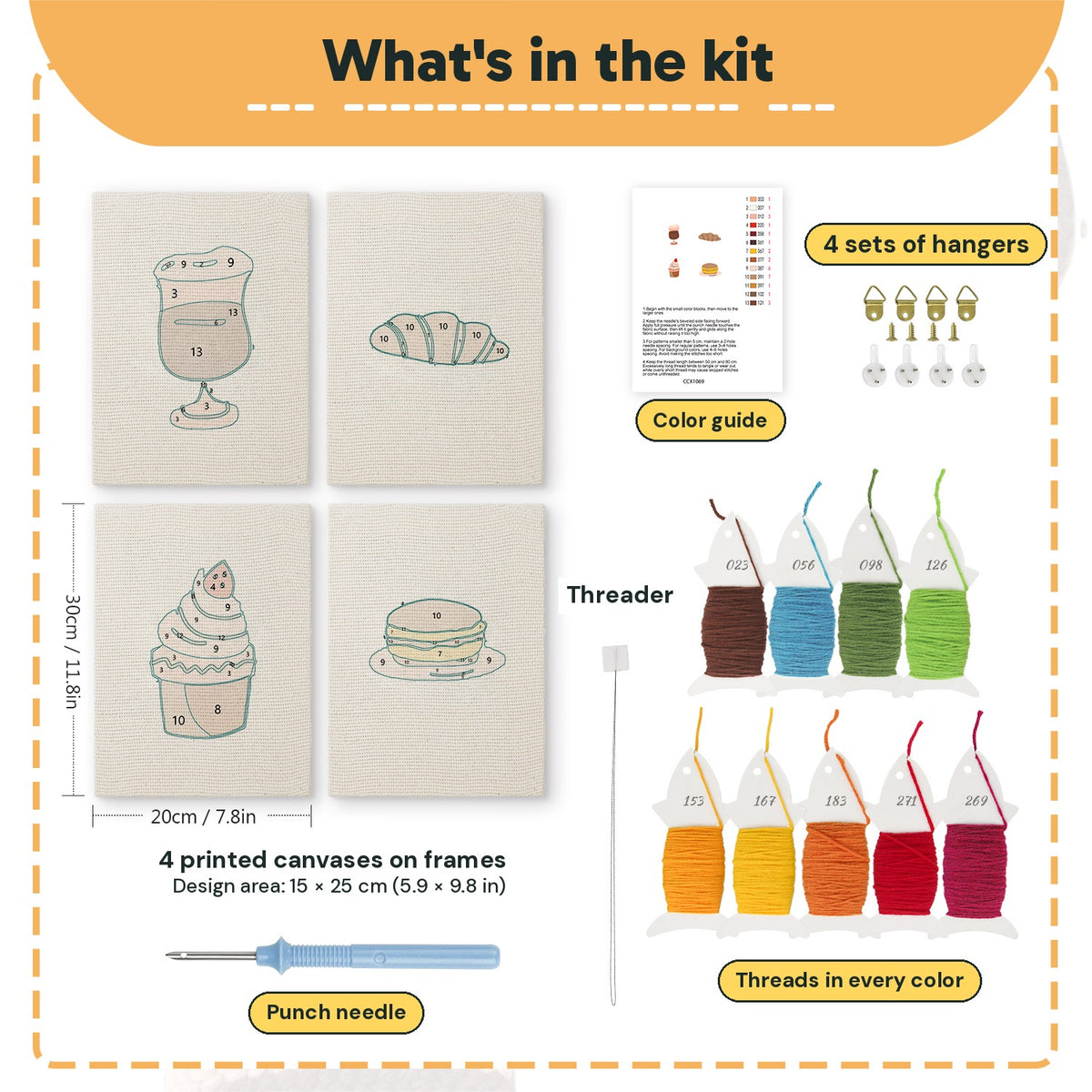 What is in the Cafe Sweet Treats set, 8 × 12 in (20 × 30 cm) each: 4 printed canvases, punch needle, threader, threads, color guide and 4 sets of hangers