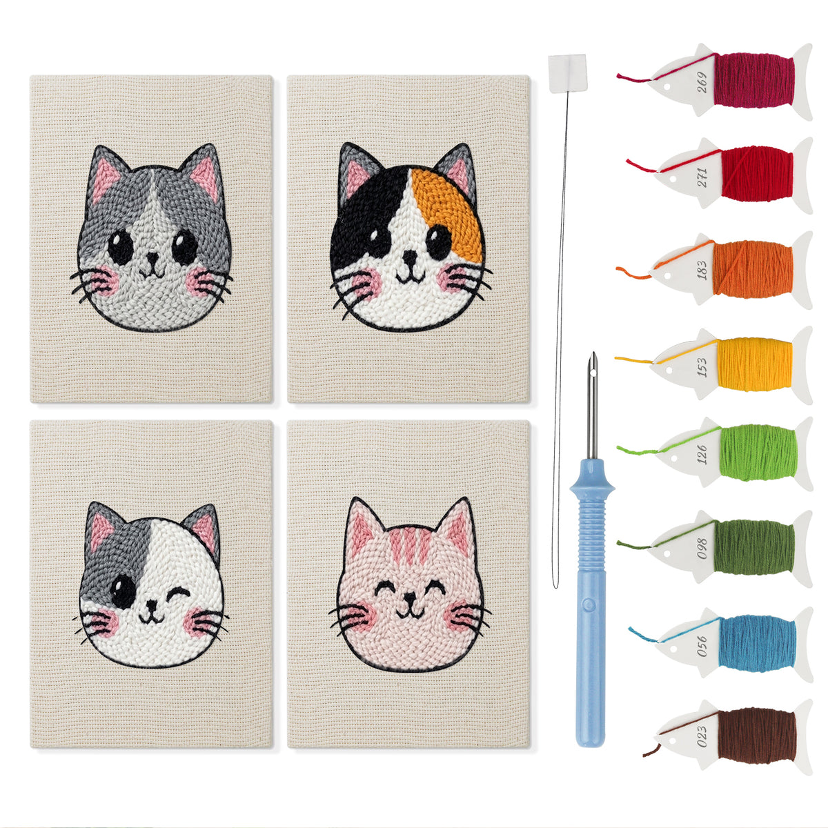 Calico Cat Faces mini punch needle kit set: four finished canvases with threads, punch needle and threader
