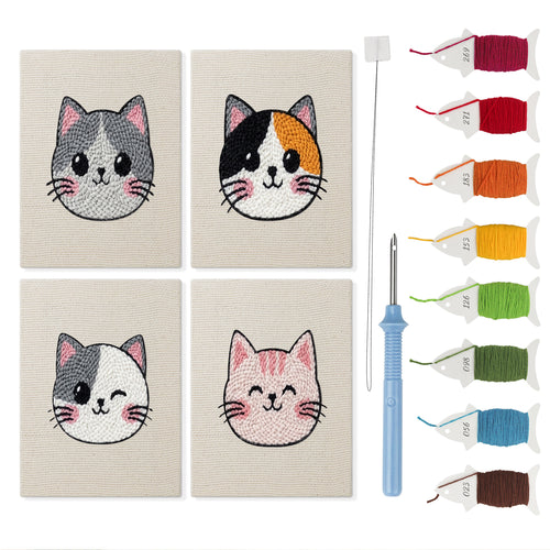 Calico Cat Faces mini punch needle kit set: four finished canvases with threads, punch needle and threader