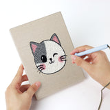 Punching a Calico Cat Faces mini canvas with the punch needle