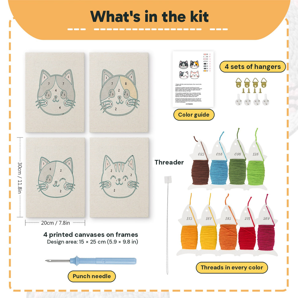What is in the Calico Cat Faces set, 8 × 12 in (20 × 30 cm) each: 4 printed canvases, punch needle, threader, threads, color guide and 4 sets of hangers