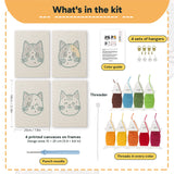 What is in the Calico Cat Faces set, 8 × 12 in (20 × 30 cm) each: 4 printed canvases, punch needle, threader, threads, color guide and 4 sets of hangers
