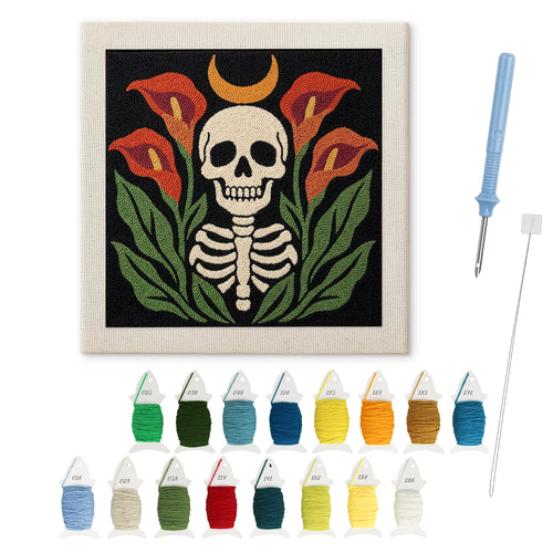 Calla Lily Skeleton punch needle kit: finished canvas with threads, punch needle and threader