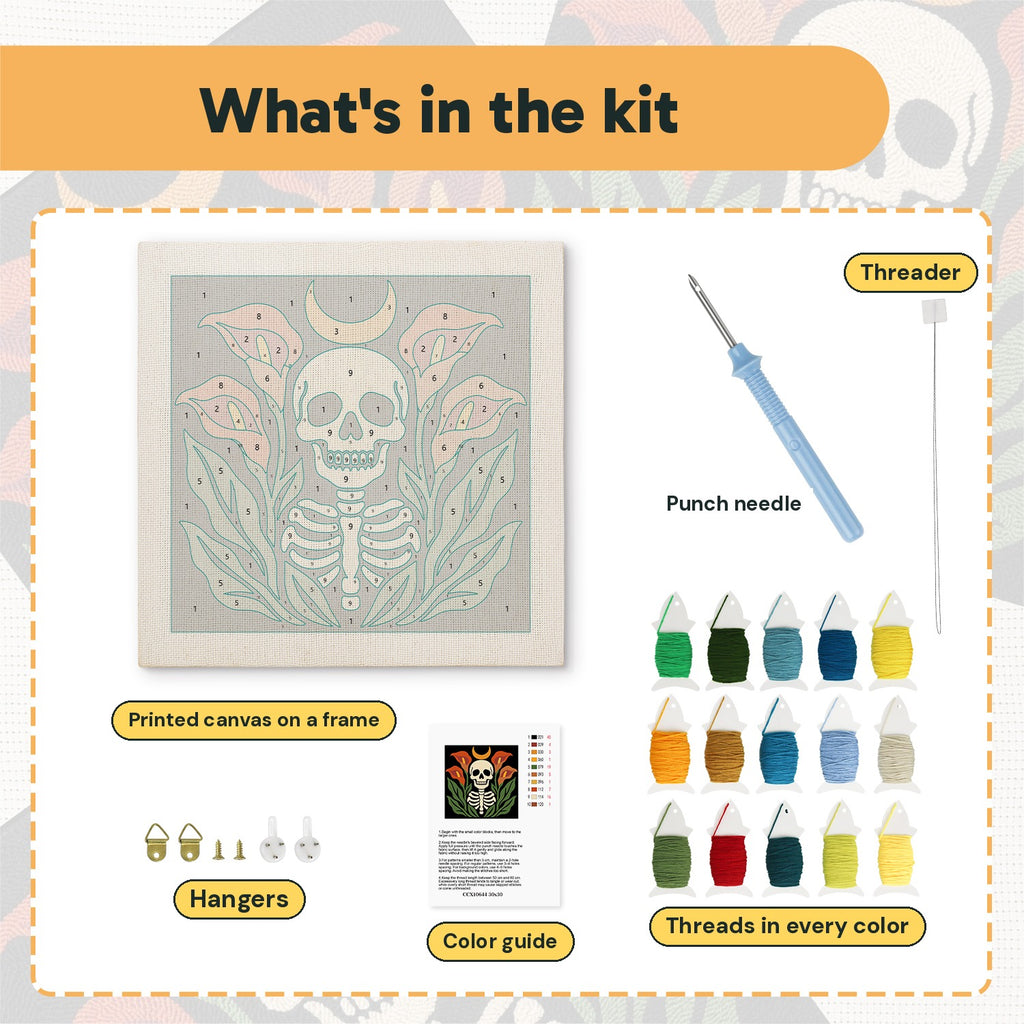 What is in the Calla Lily Skeleton kit: printed canvas, punch needle, threader, threads, color guide and hangers