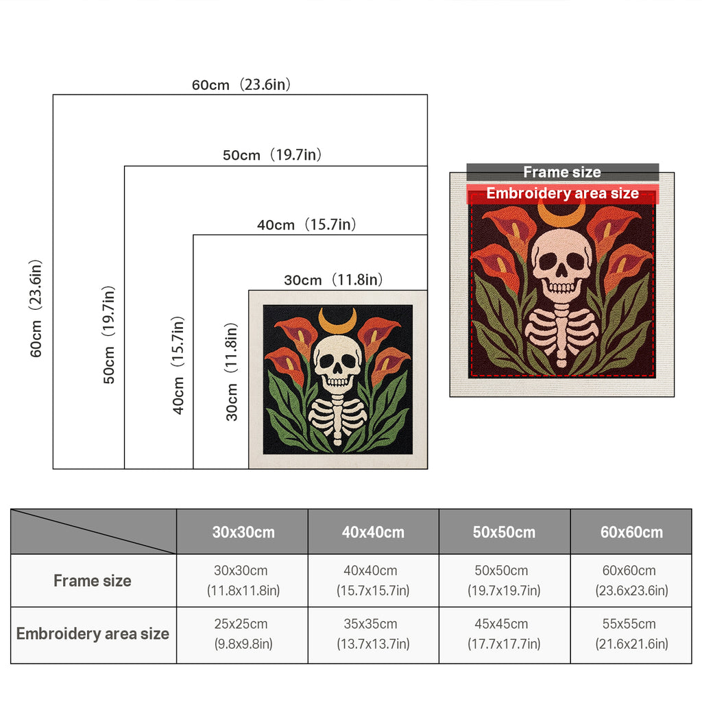Size chart for square punch needle kits from 30 x 30 cm to 60 x 60 cm