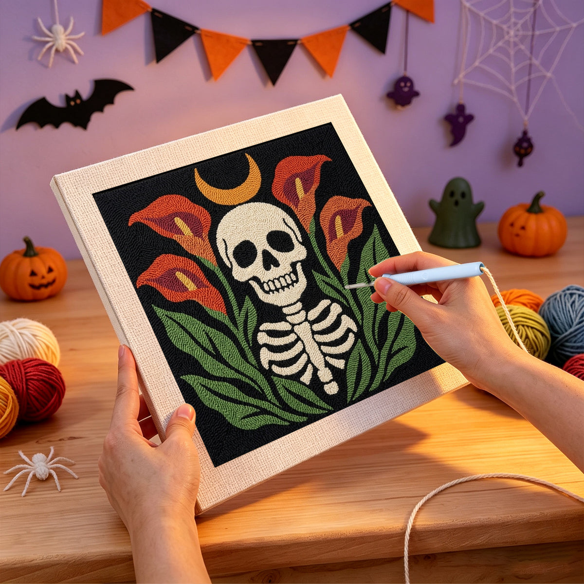 Punching the Calla Lily Skeleton design with the punch needle