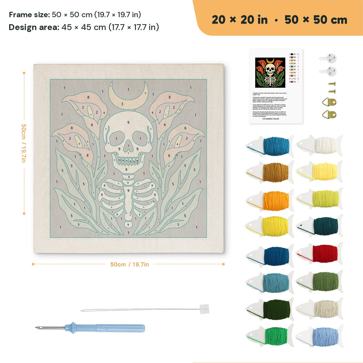 Calla Lily Skeleton punch needle kit, 20 × 20 in (50 × 50 cm): canvas size and kit contents