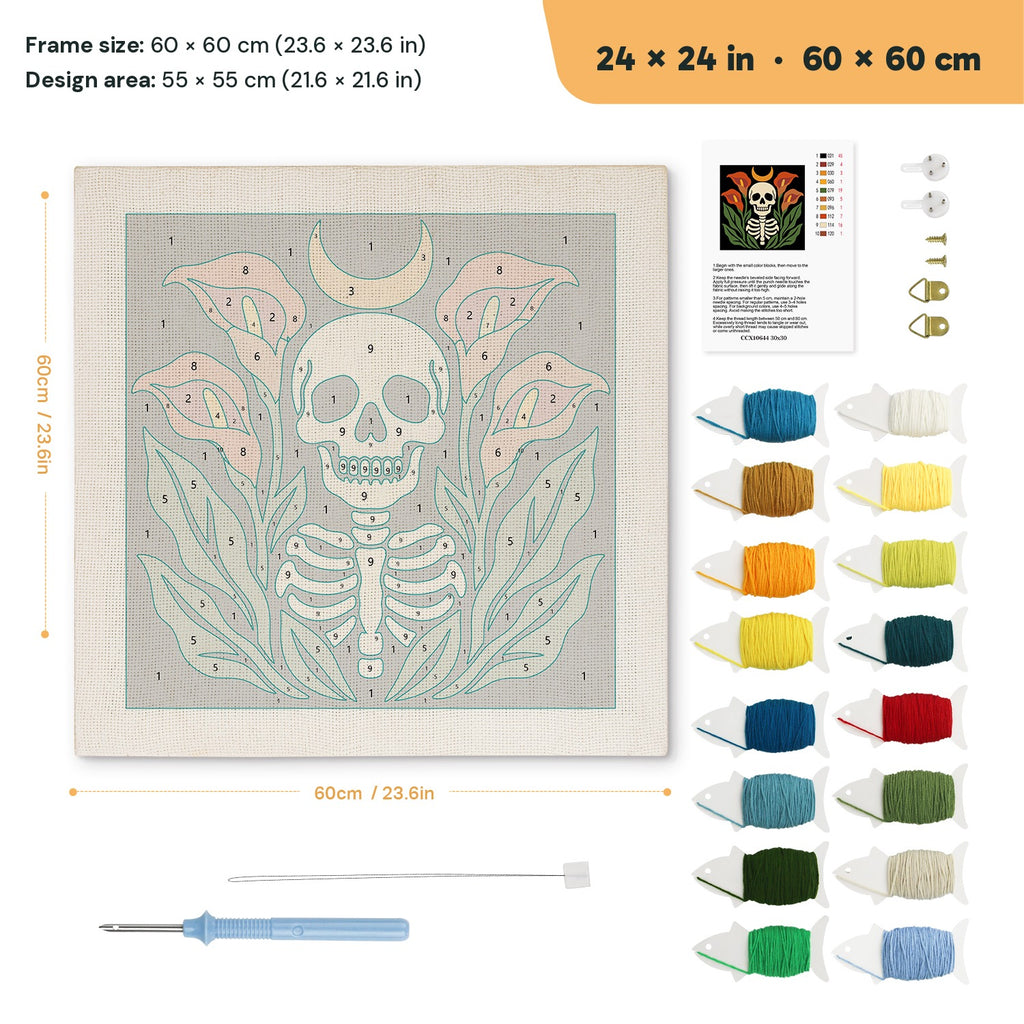 Calla Lily Skeleton punch needle kit, 24 × 24 in (60 × 60 cm): canvas size and kit contents