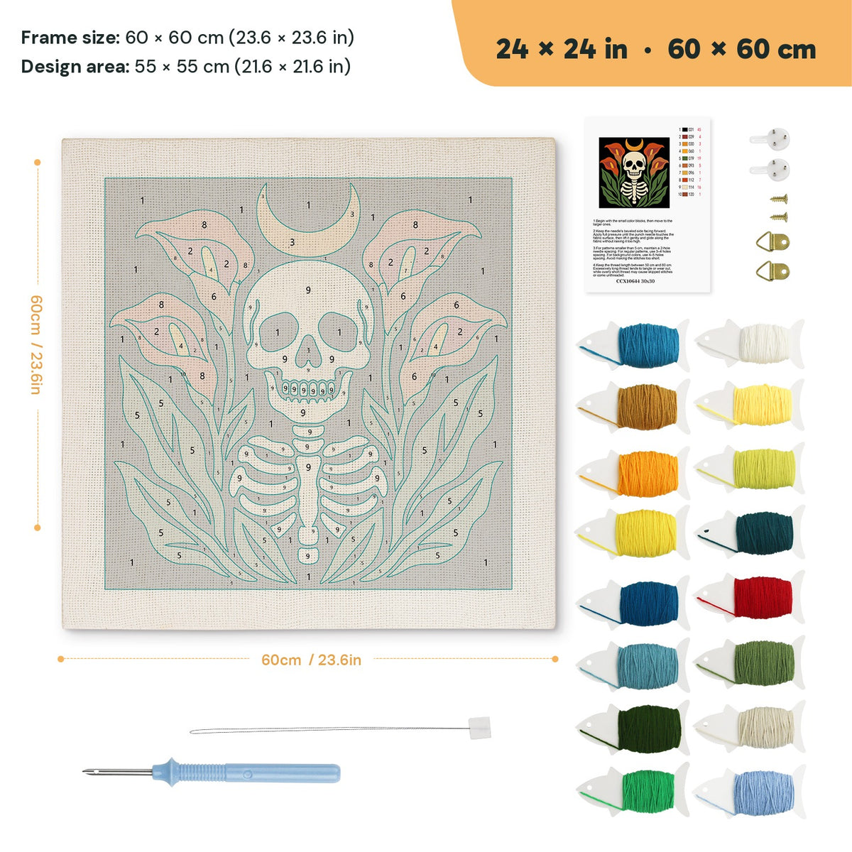 Calla Lily Skeleton punch needle kit, 24 × 24 in (60 × 60 cm): canvas size and kit contents