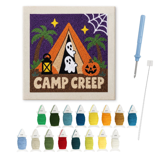 Camp Creep Tent punch needle kit: finished canvas with threads, punch needle and threader