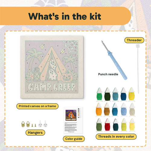 What is in the Camp Creep Tent kit: printed canvas, punch needle, threader, threads, color guide and hangers